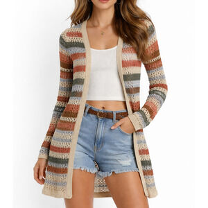 NOBO Boho Open Knit Cardigan M7-9 Striped Long Duster Lighweight